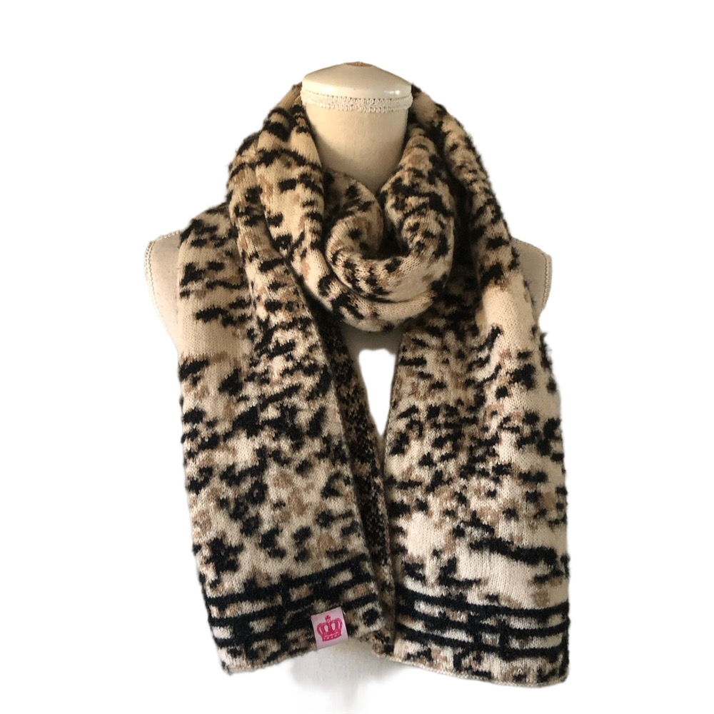 Juicy Couture Animal Print Scarf in Black and Tan sweater knit 72” x 11”